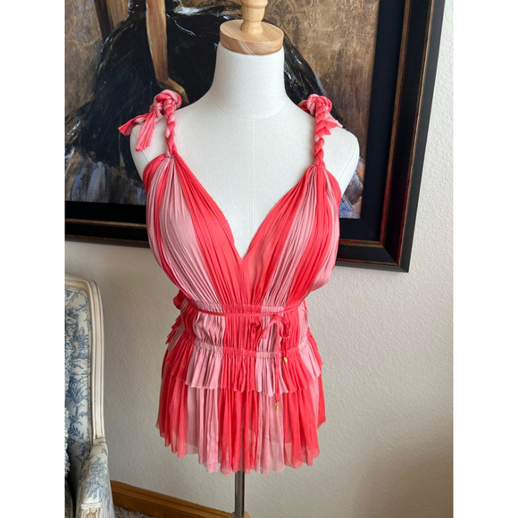 NWT ELENA MAKRI Coral Pink Silk Tulle Camisole S